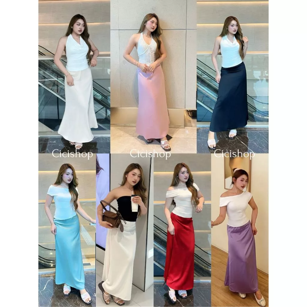 Cicishop(2312-1) กระโปรงยาวทรงหางปลา ผ้าซาติน พริ้วยาวสวย เอวยางยืด