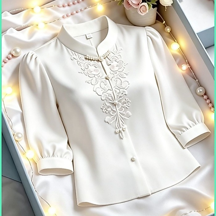 เสื้อเชิ้ตคอจีน แขนสามส่วน ปักลาย กระดุมจีน สไตล์จีน มินิมอล ทำงาน แฟชั่น 2026 ใหม่ หลวม ระบายอากาศ