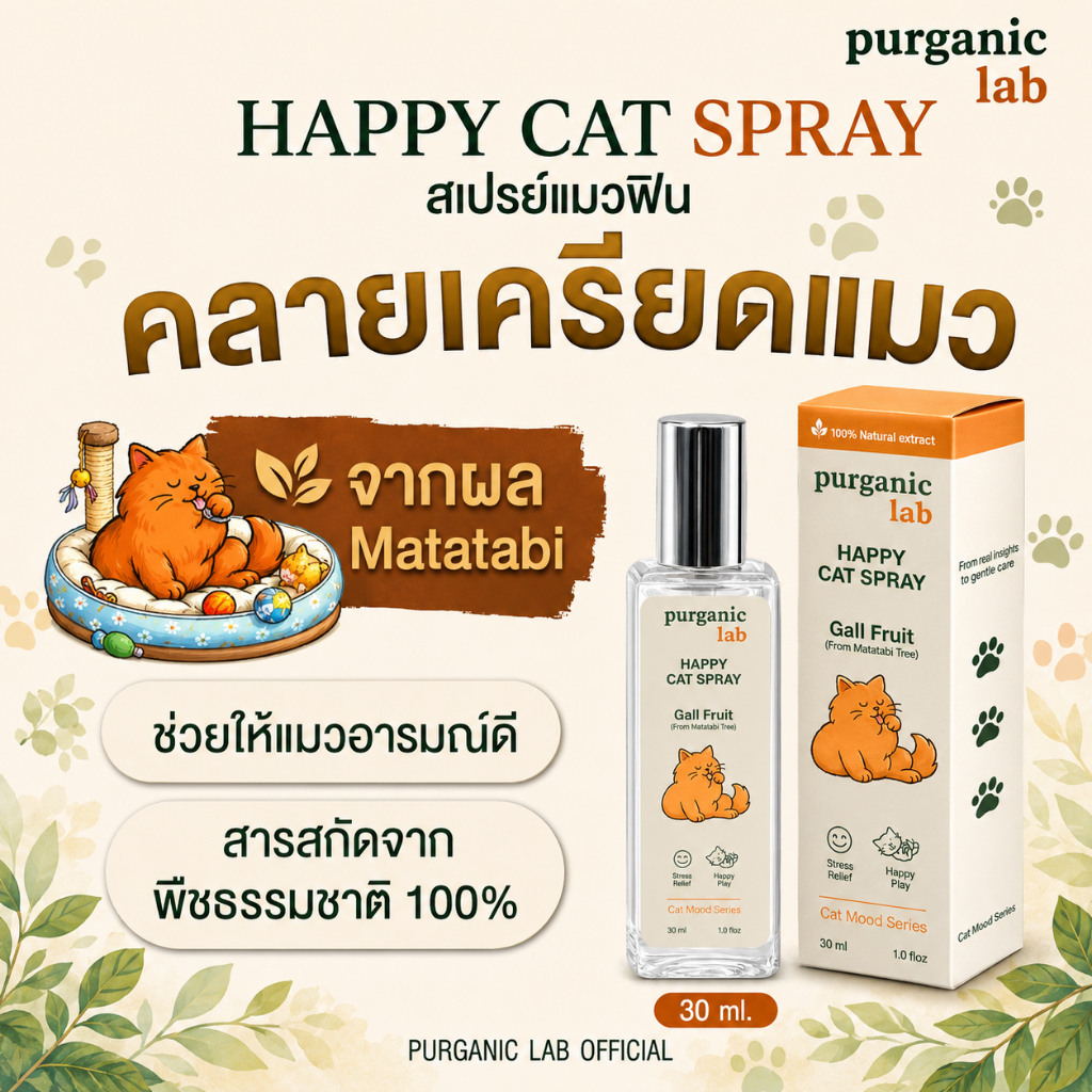 [คลายเครียดแมว] Purganic lab: Happy cat สเปรย์แมวฟิน สเปรย์ผลมาทาทาบิ Gall fruit สารสกัดธรรมชาติ100% ของเล่นแมว