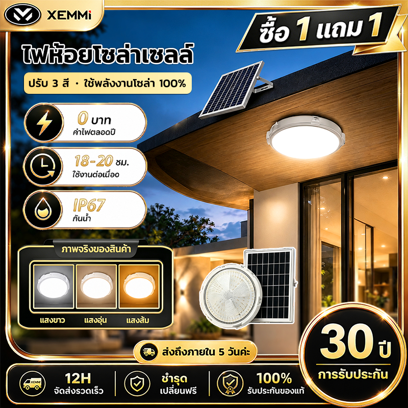 Xemmi 150000W ไฟโซล่าเซลล์ โคมไฟเพดาน LED 3 สีไฟ สว่างอัตโนมัติเมื่อฟ้ามืด ชาร์จไฟอัตโนมัติ