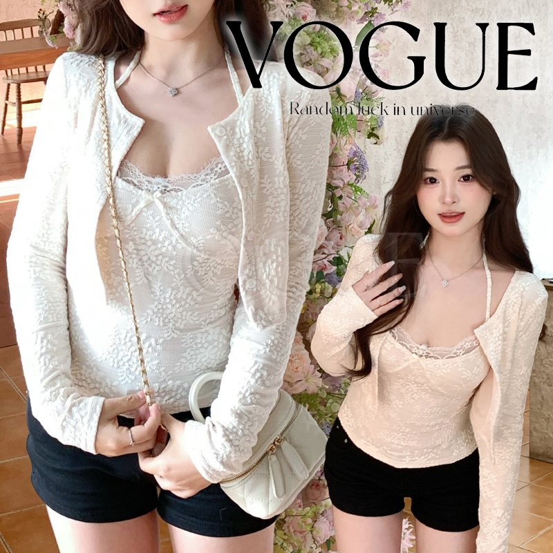 Vogue🌟พร้อมส่ง🌟 เซตเสื้อผ้าลูกไม้ เสื้อคลุมแขนยาว+เสื้อกั๊กใน ทรงเข้ารูป สไตล์หวานหรูหรา (FY1981)