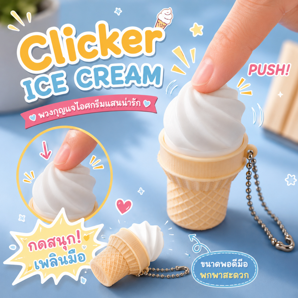 พวงกุญแจ Clicker ไอติมซอฟต์เสิร์ฟ Mini Ice Cream Keychain