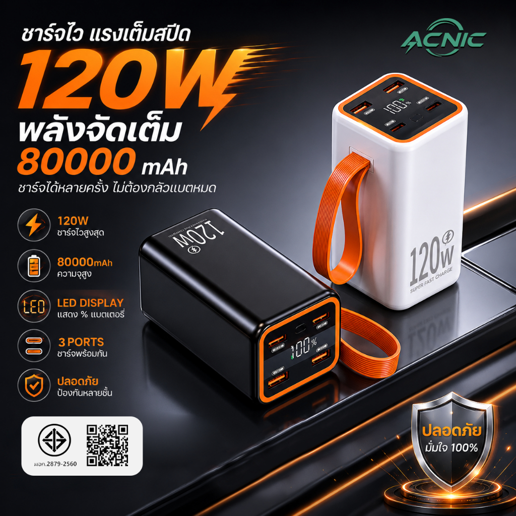 [รับประกัน 1 ปี] ACNIC พาวเวอร์แบงค์ ความจุ ใหญ่ 80000mAh QC3.0 PD 120W ชาร์จเร็ว Power Bank พร้อมส่ง แบตสำรองพกพาง่าย