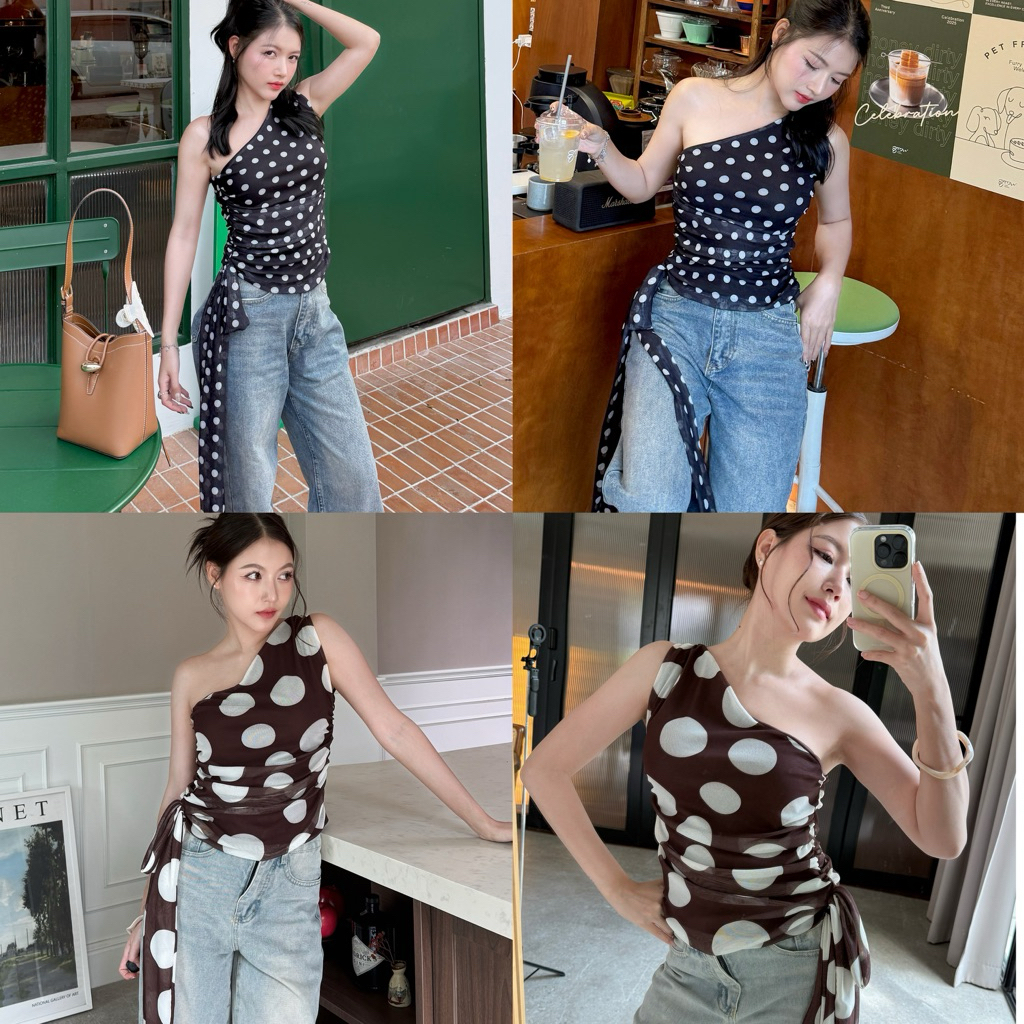M02- Polka Dot เสื้อปาดไหล่เฉียง ย่นข้างปล่อยชายยาว สไตล์เกาหลี มีซับในไม่บาง