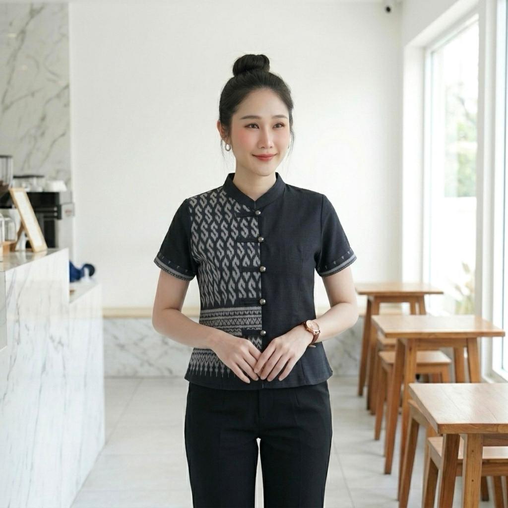 เสื้อลายขอผู้หญิง ขอทูโทน แต่งกระดุมเงิน ลายขอพระราชทาน