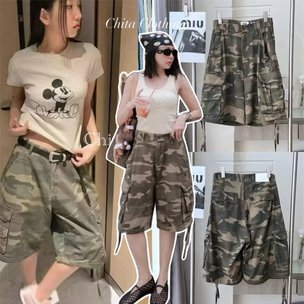 📍พร้อมส่ง📍🇰🇷FSY🇰🇷61821💌 Vintage camo cargo shorts🔥 กางเกงผ้ายีนส์บางลายทหาร เอวต่ำทรงคาร์โก้ แต่งกระเป๋าใหญ่