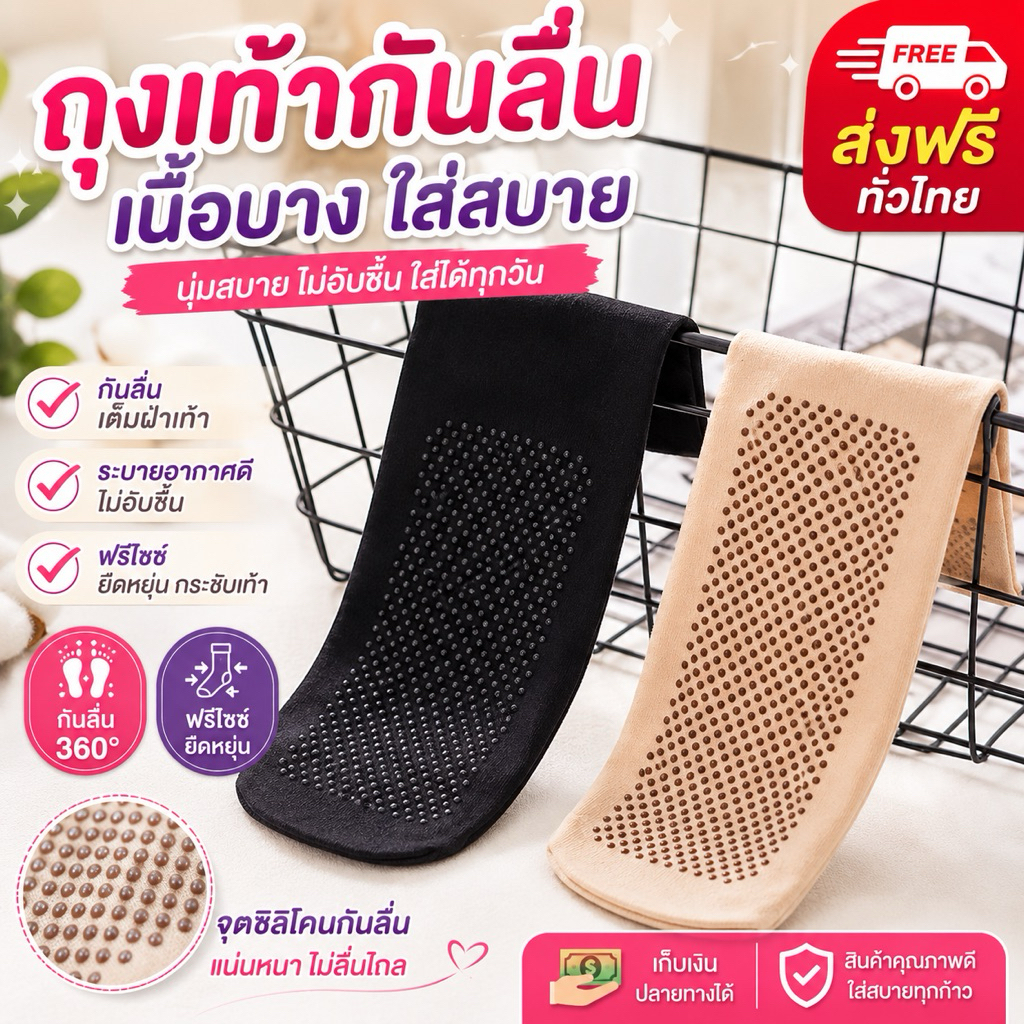 （507） ถุงเท้าเนื้อถุงน่อง มีกันลื่น ชนิดบางใส่สบาย(ขายเป็นราคาต่อ1คู่)