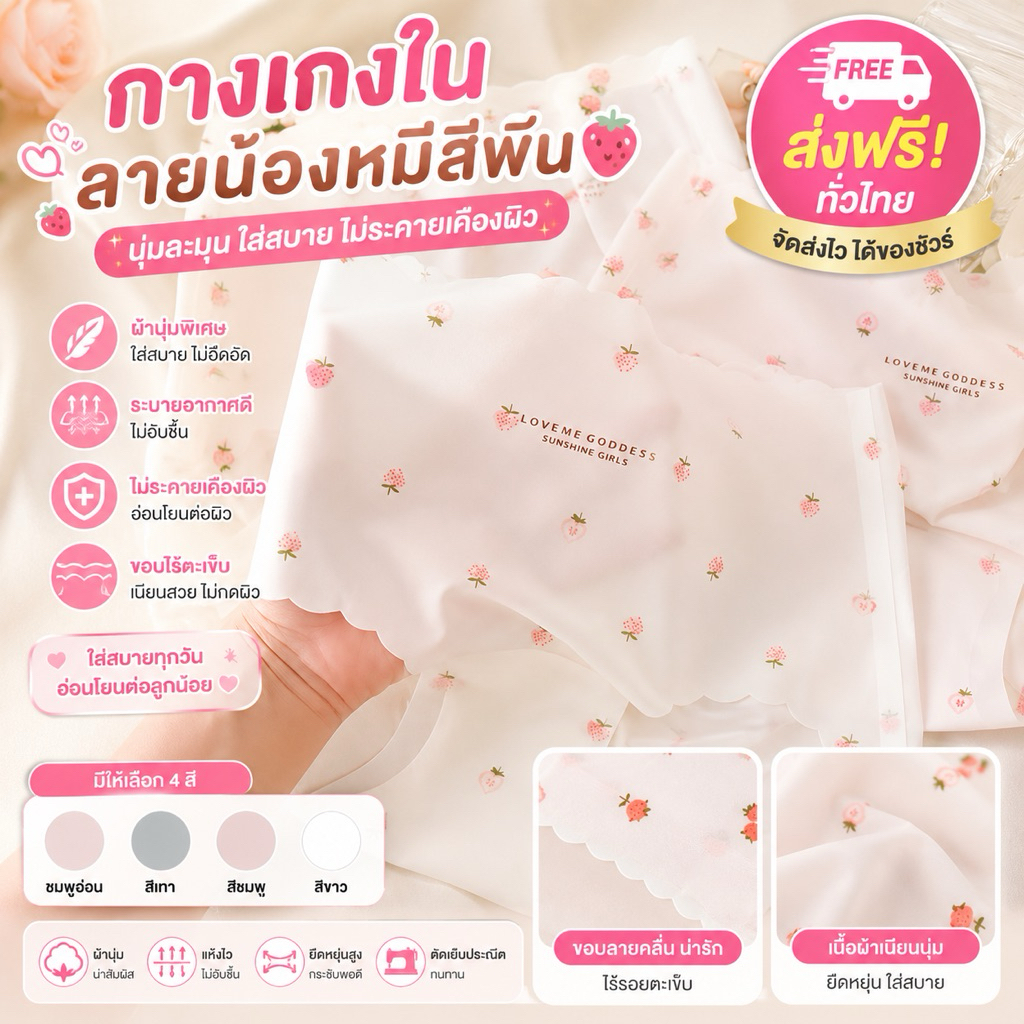PrettyLady Shop (1992）กางเกงในผู้หญิง （ลายสตรอเบอร์รี่）ไร้ขอบ ลดอับชื้น ต้านแบคทีเรีย เรียบเนียนไปกับผิว สวมใส่สบาย