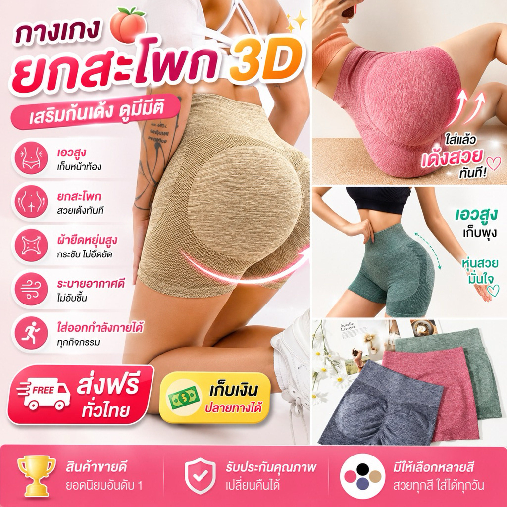 PrettyLady Shop（018）กางเกงโยคะขาสั้นสำหรับผู้หญิง เอวสูง กางเกงออกกำลังกาย ฟิตเนส ยกก้น