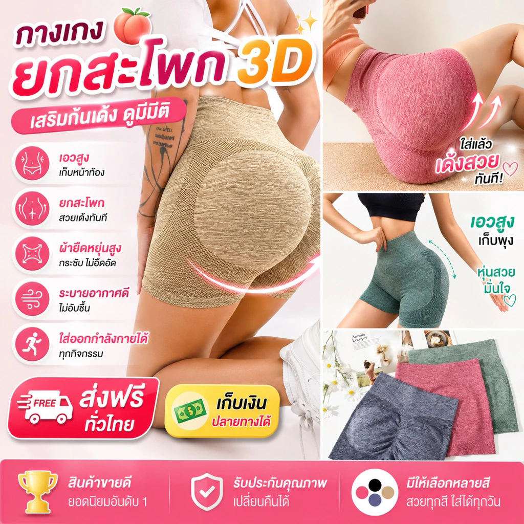 PrettyLady Shop(018)กางเกงโยคะขาสั้นสำหรับผู้หญิง เอวสูง กางเกงออกกำลังกาย ฟิตเนส ยกก้น