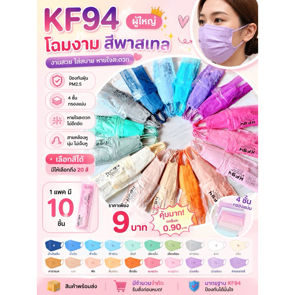 KF94 แมสเกาหลี สีพาสเทล ซองพาสเทล หูสีเดียวกับตัวแมส 1 ห่อ 10 ชิ้น