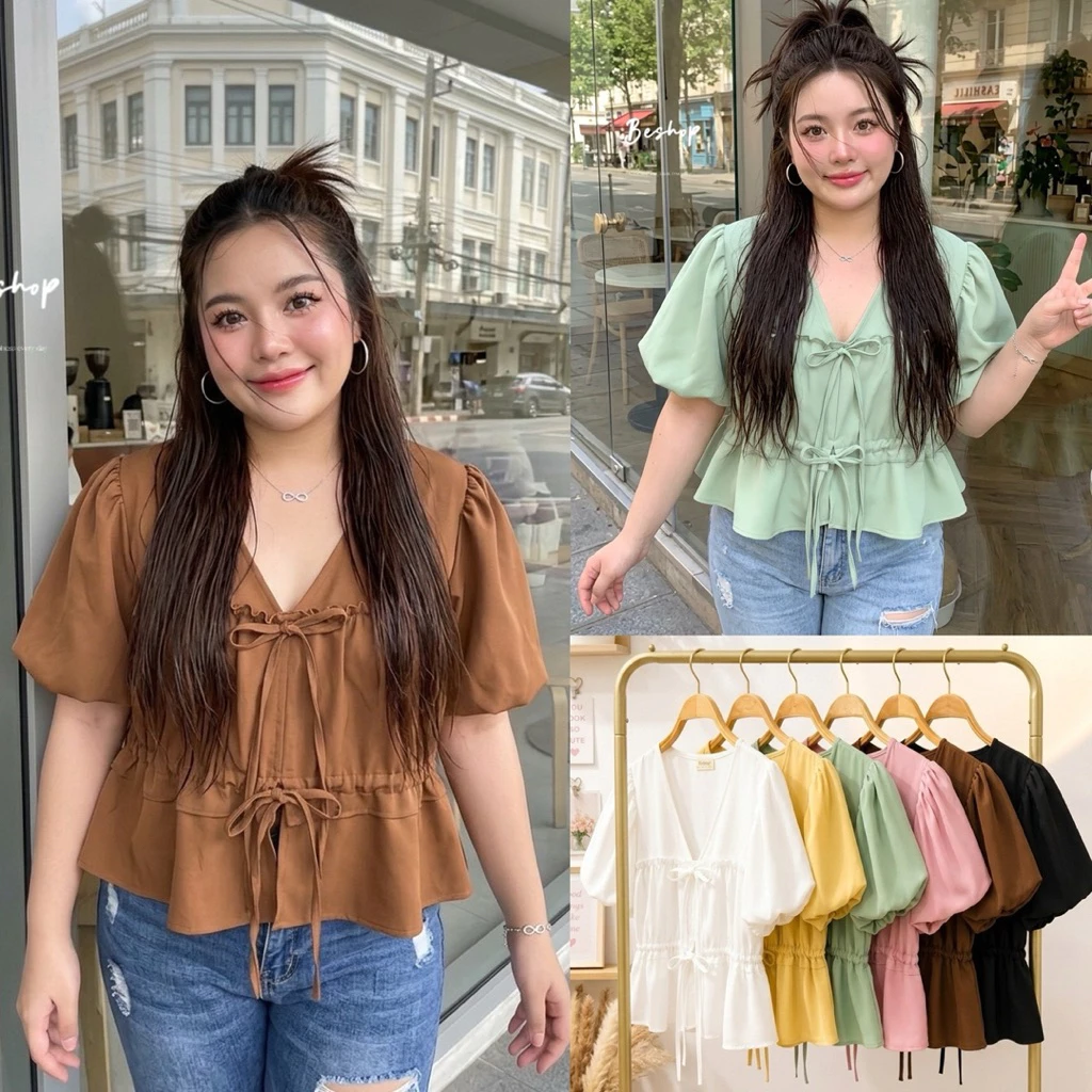 /BB/ เสื้อผูกโบว์หน้า ไซส์อก42-48 ทรงน่ารัก แขนพองมีมิติ 6สีสวย #สาวอวบอ้วน พลัสไซส์