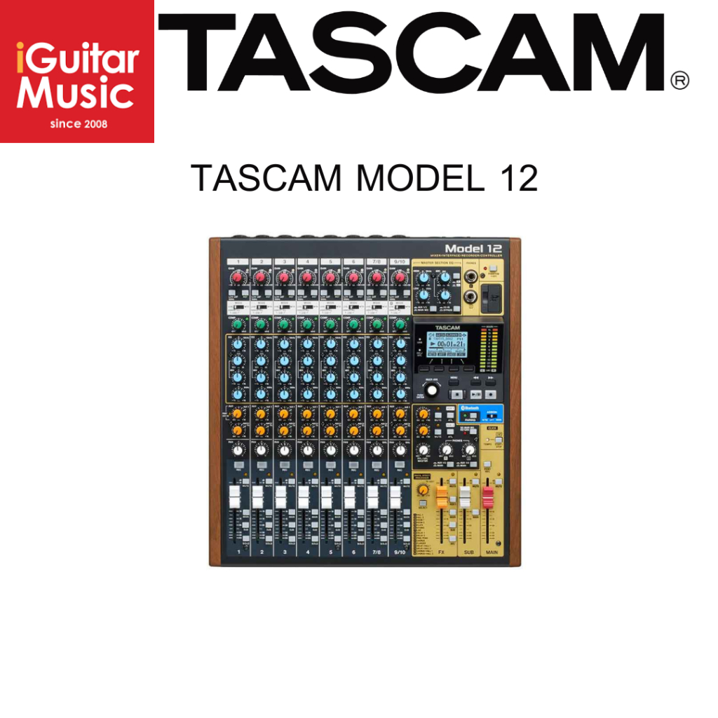 TASCAM Model 12 มิกเซอร์และอินเทอร์เฟซเสียง 10 ช่อง สีดำ