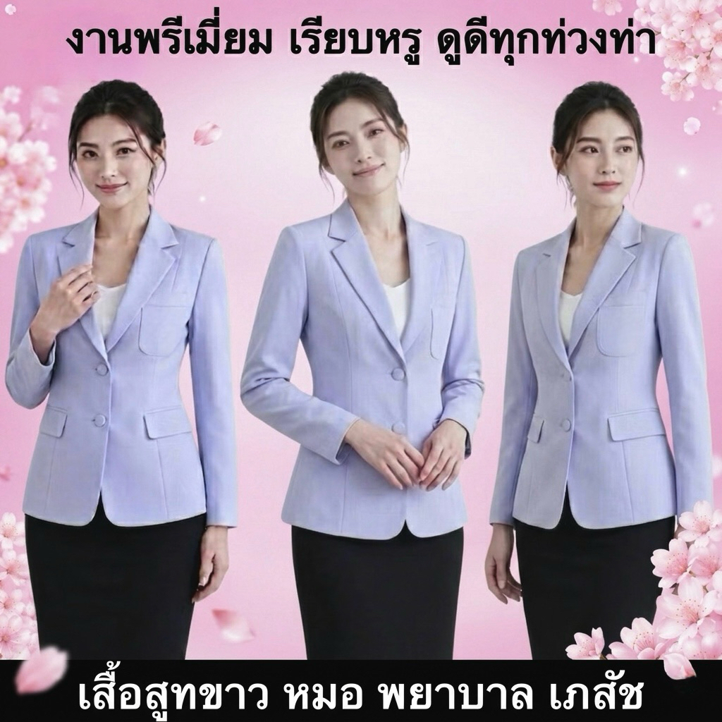 เสื้อสูทขาวหมอ เสื้อสูทแพทย์ เกรดพรีเมี่ยม หญิง ผ้าวาเลนติโน่ สีขาวโอโม่ (เฉพาะเสื้อ)