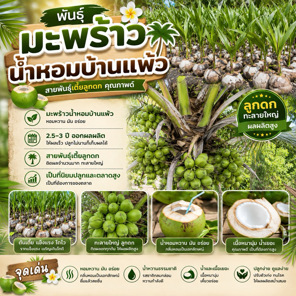 มะพร้าวน้ำหอมบ้านแพ้ว1ชุด5ต้น ลูกดกต้นเตี้ย