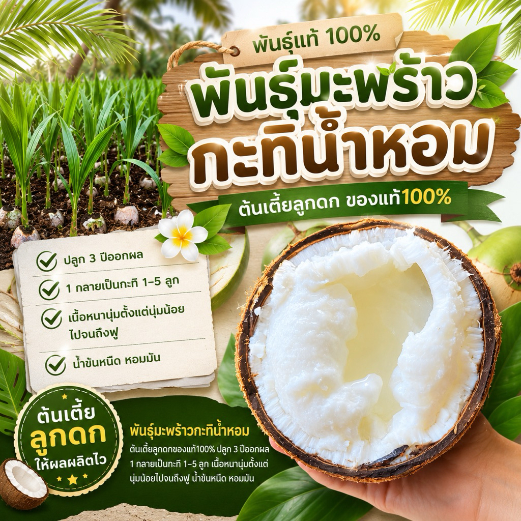 พันธุ์มะพร้าวกะทิเนื้อฟูๆ ของแท้100% เจ้าของสวนขายเอง