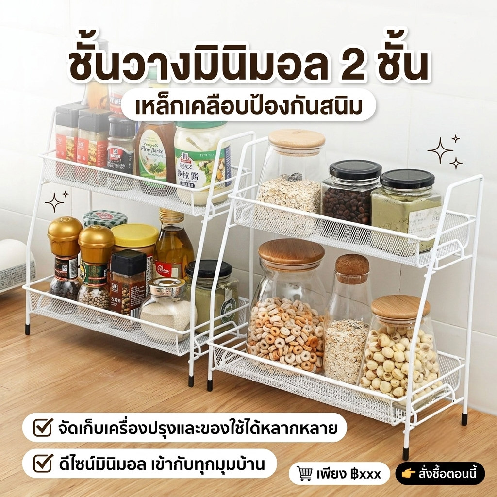 ชั้นวางมินิมอล 2 ชั้น เคลือบกันสนิม ที่มาพร้อมกับฟังก์ชันที่หลากหลาย เพิ่มพื้นที่จัดเก็บเป็น 2 เท่า! แข็งแรง ทนทาน A386