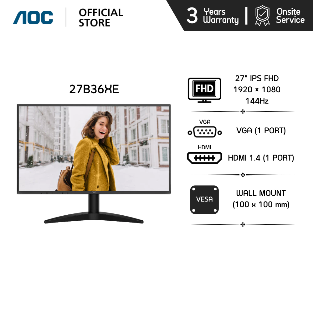 AOC 27B36XE MONITOR (จอมอนิเตอร์) 27" IPS FHD 144Hz 4MS