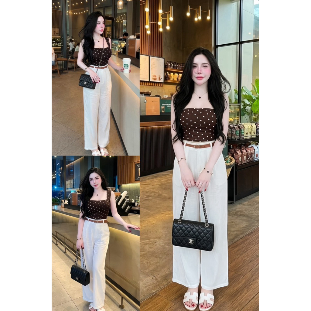 ชุดเซ็ท3ชิ้น โพกาดอทน้ำตาล ฟรีเข็มขัด ชุดที่มีดีไซน์เรียบง่าย แต่ทันสมัย ด้วยสีขาวที่สะอาดตา ให้คุณดูดีในทุกสถานการณ์🤎