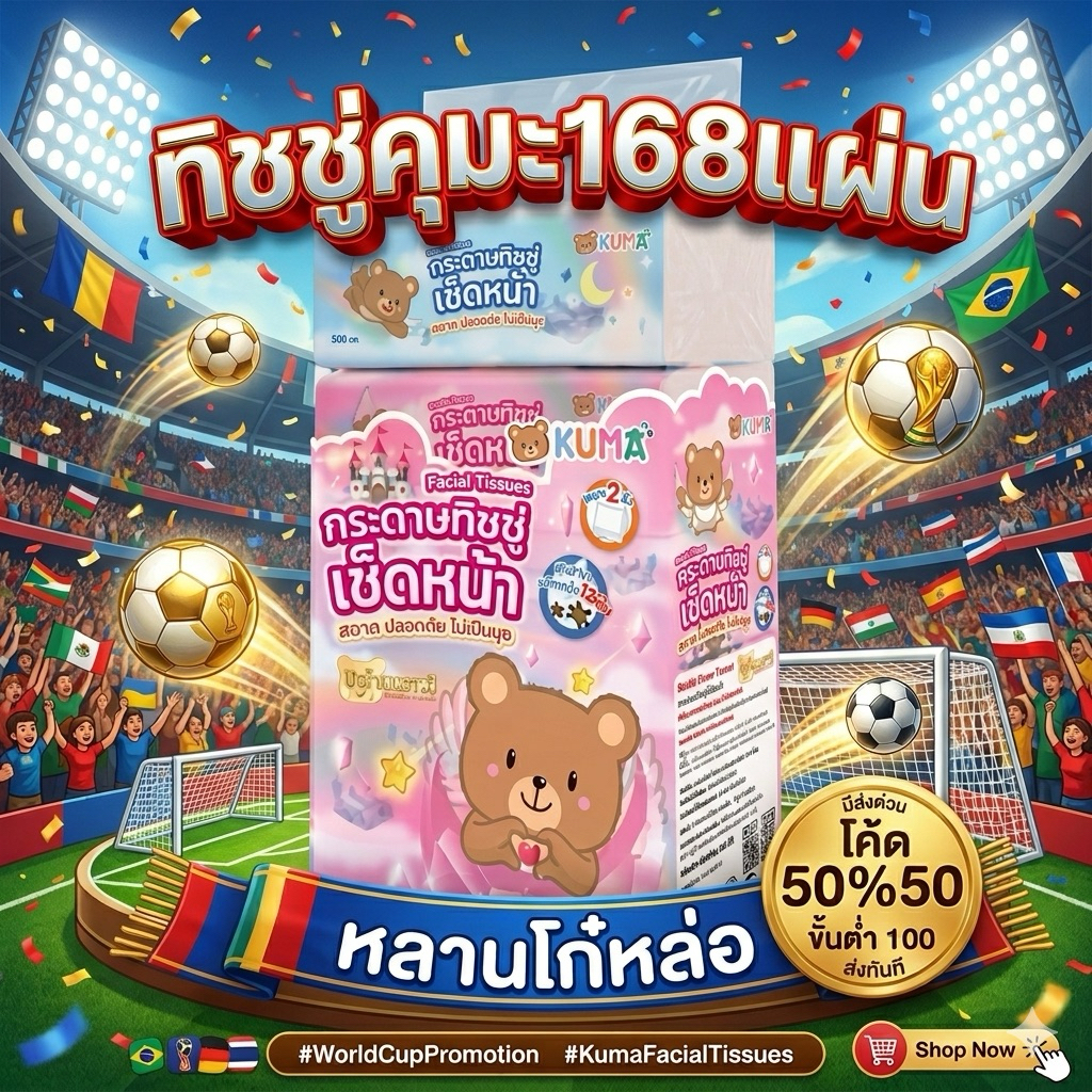 (1หิ้วคุมะ) ⚽️บอลโลก50%50⚽️ ทิชชุ่คุมะ 168 แผ่น