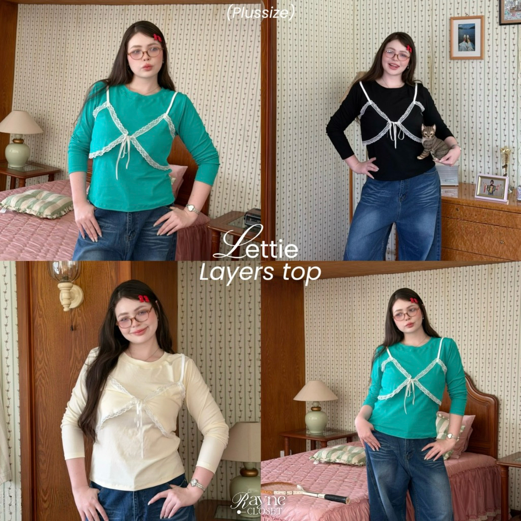 Lettie Layers Top - เสื้อแขนยาวแต่งกั๊กที่อก แต่งขอบลูกไม้ (Plussize) | Rayne.closet