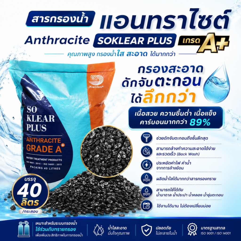 [กระสอบเต็ม] สารกรองน้ำ แอนทราไซต์ โซเคลียร์ พลัส Anthracite Soklear Plus เกรด A+ (บรรจุ 40 ลิตร)