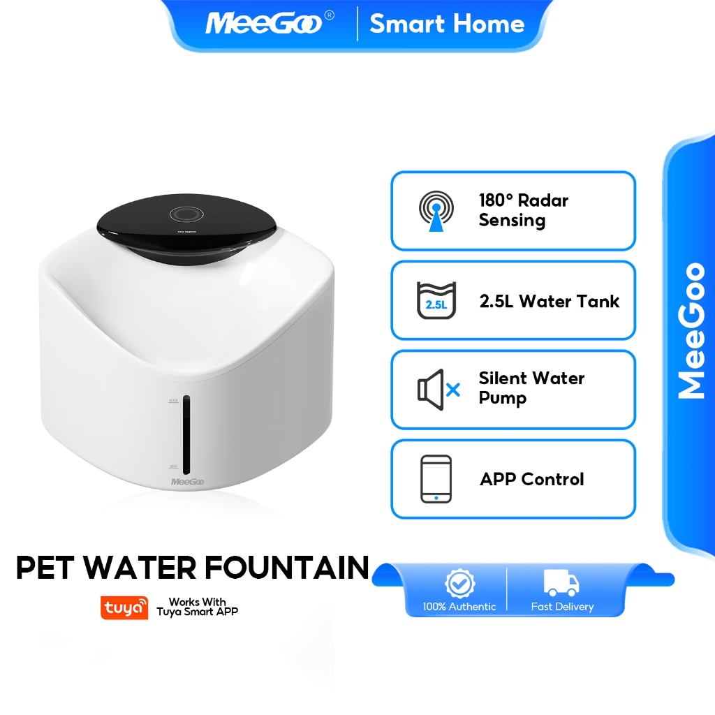 MeeGoo Tuya น้ำพุสัตว์เลี้ยงอัตโตมัติ ไร้สาย 2.5L ระบบเซ็นเซอร์ กรองหมุนเวียน 4000mAh และปั๊มเงียบ