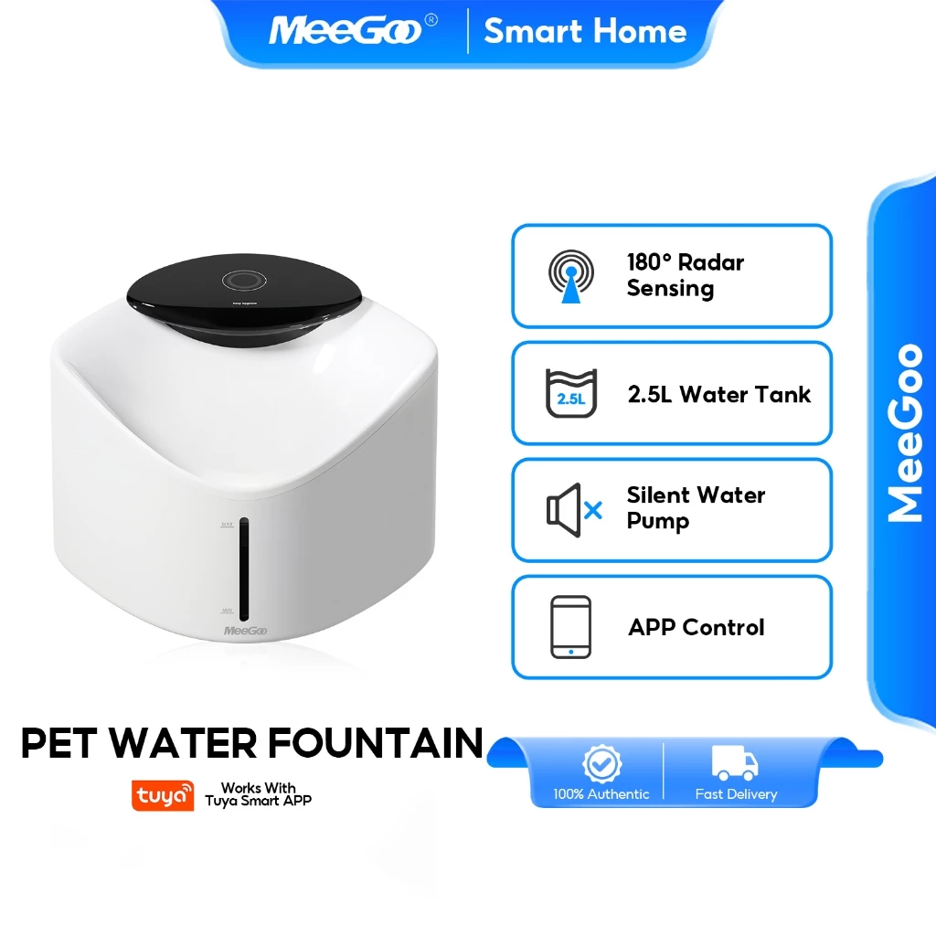 MeeGoo Tuya น้ำพุสัตว์เลี้ยงอัตโตมัติ ไร้สาย 2.5L ระบบเซ็นเซอร์ กรองหมุนเวียน 4000mAh และปั๊มเงียบ