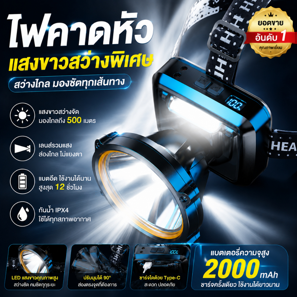 🔥รับประกัน 10 ปี🔥 T18A ไฟฉายคาดหัว 50000W แบตอึด48-72ชม ไฟส่องกบ ชาร์จแบตโทรศัพท์ พร้อมเซ็นเซอร์