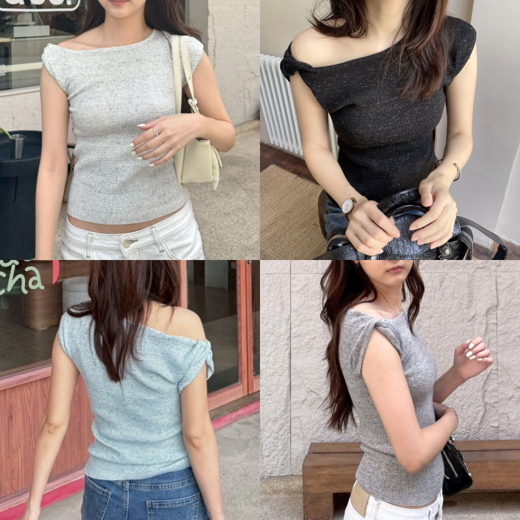 BASICBABE - Caro Twist Top เสื้อปาดไหล่ พร้อมดีเทลม้วนช่วงไหล่