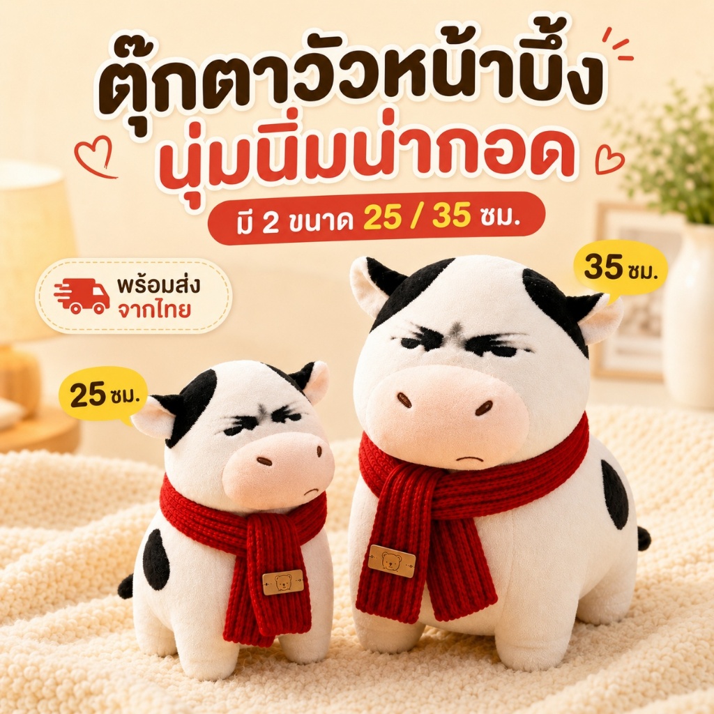 ตุ๊กตาวัวหน้าบึ้ง ผ้าพันคอแดง นุ่มนิ่ม กอดได้ ตกแต่งโต๊ะ ของขวัญน่ารัก 25/35 ซม.