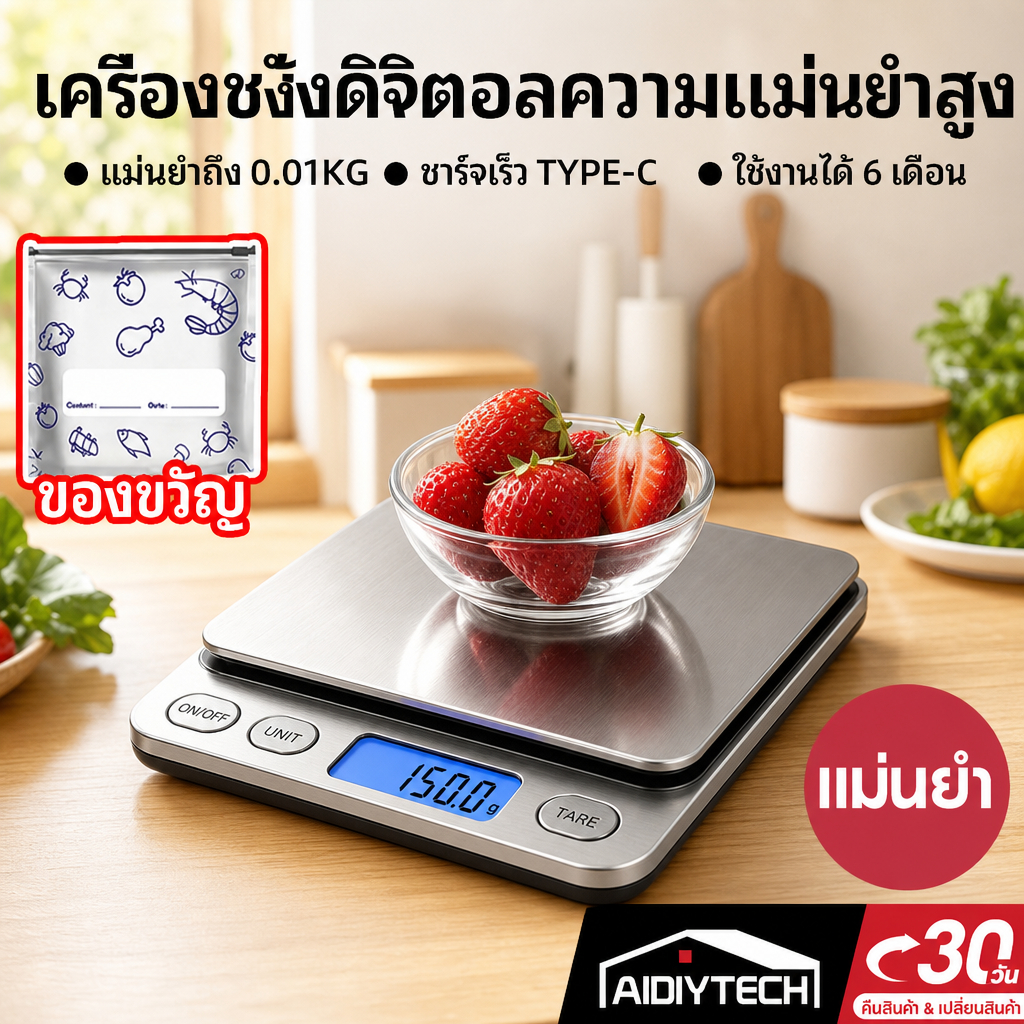เครื่องชั่งดิจิทัล 3kg ตาชั่งครัว เครื่องชั่งน้ำหนักอาหาร ตาชั่งเบเกอรี แม่นยำสูง 0.1g Type-C ไม่ต้องใส่ถ่าน
