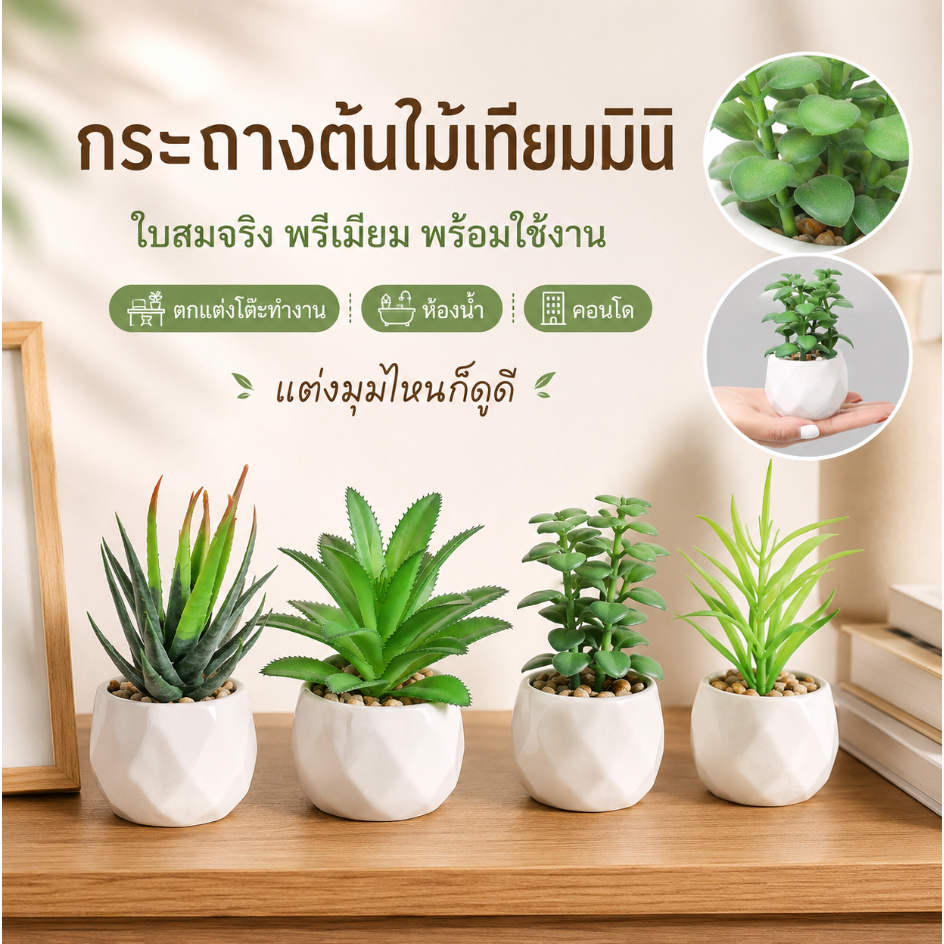 🌱 กระถางต้นไม้เทียมมินิ ใบสมจริง พรีเมียม ตกแต่งโต๊ะทำงาน ห้องน้ำ คอนโด พร้อมใช้งาน