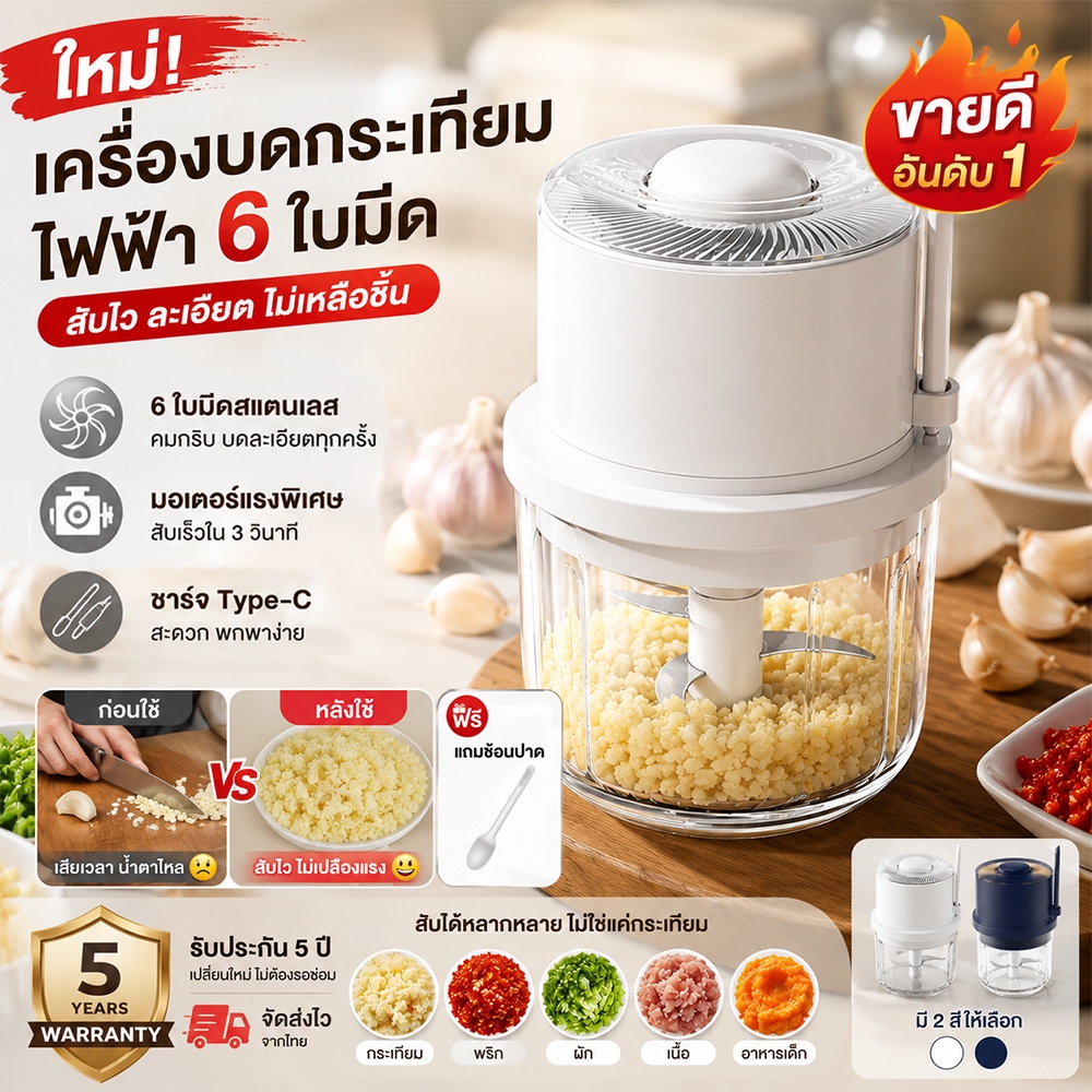⚡️ที่บดกระเทียมไฟฟ้า 350ML⚡️เครื่องปั่นกระเทียม 6 ใบมีด เครื่องบดกระเทียมไร้สาย USB เครื่องปั่นบดไฟฟ้า เครื่องบดเนื้อ