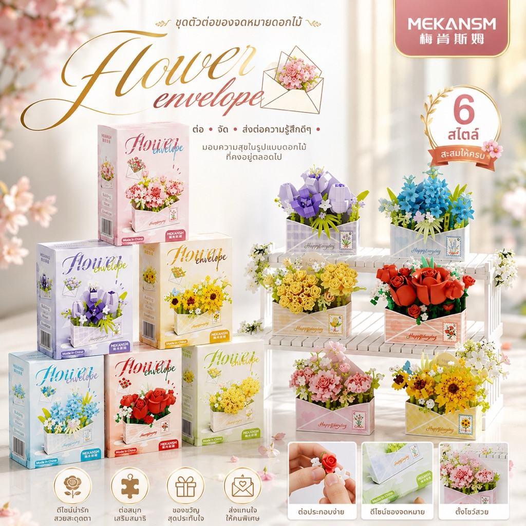ชุดตัวต่อดอกไม้ Flower ใส่ซองจดหมาย DIY ของขวัญตกแต่งโต๊ะ มี 6 แบบ สะสมได้