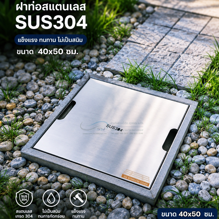 ฝาปิดบ่อระบายน้ำ stainless 304 ขนาด 40x50cm วัสดุแท้ผลิตในไทย