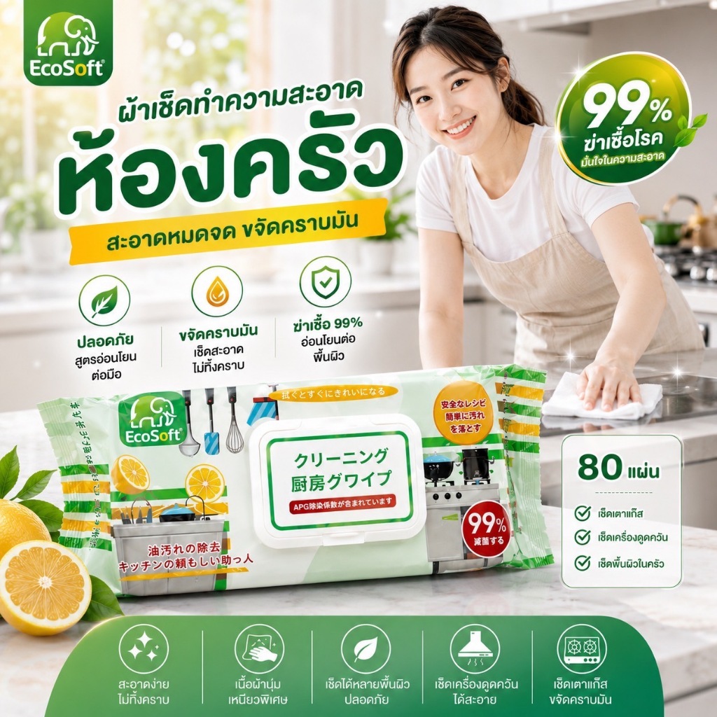YH ทิชชู่เปียกเช็ดครัว EcoSoft แผ่นเช็ดทำความสะอาด คราบน้ำมันสิ่งสกปรกในครัว ผ้าหนานุ่ม ขจัดคราบหมดจด 1/3/5 แพ็ค