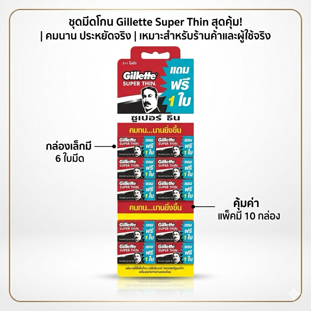 มีดโกนหนวดชูเปอร์ธินคมทนนานยิ่งขื้นแพ็คมี10กล่อง กล่องละ5+1ใบมีดบนแผงแพ็ค149บาท