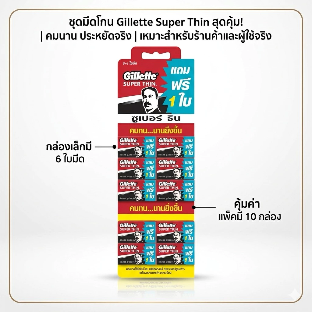มีดโกนหนวดชูเปอร์ธินคมทนนานยิ่งขื้นแพ็คมี10กล่อง กล่องละ5+1ใบมีดบนแผงแพ็ค149บาท