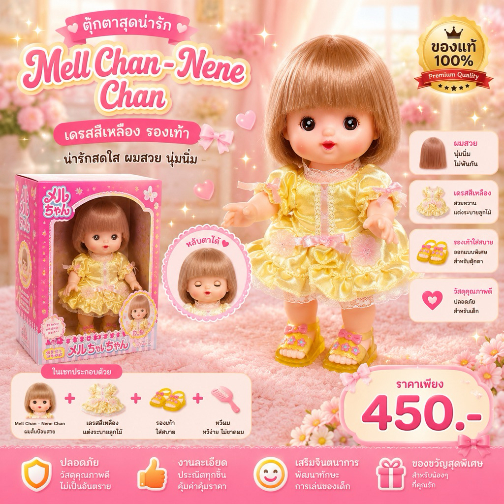 ตุ๊กตาเมลจัง Nene Chan ตุ๊กตาเมลจังญี่ปุ่น หลับตาได้ พร้อมเดรสสีเหลือง รองเท้า หวีผม ของเล่นเด็กผู้ห