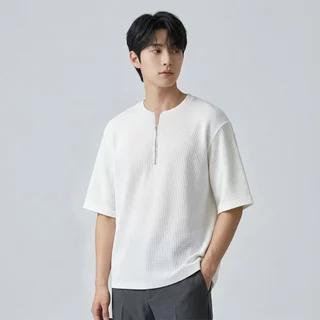 B&R เสื้อยืดแขนสั้น Short-sleeved T-shirt การออกแบบซิปครึ่ง ผ้าลายวาฟเฟิล สีพื้น เรียบง่ายสไตล์ญี่ปุ่น รูปแบบหลวมสบาย