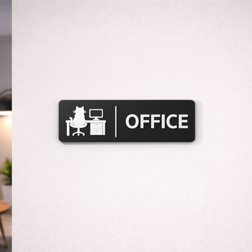 ป้ายสำนักงาน OFFICE พร้อมไอคอนแมวทำงานหน้าคอมพิวเตอร์