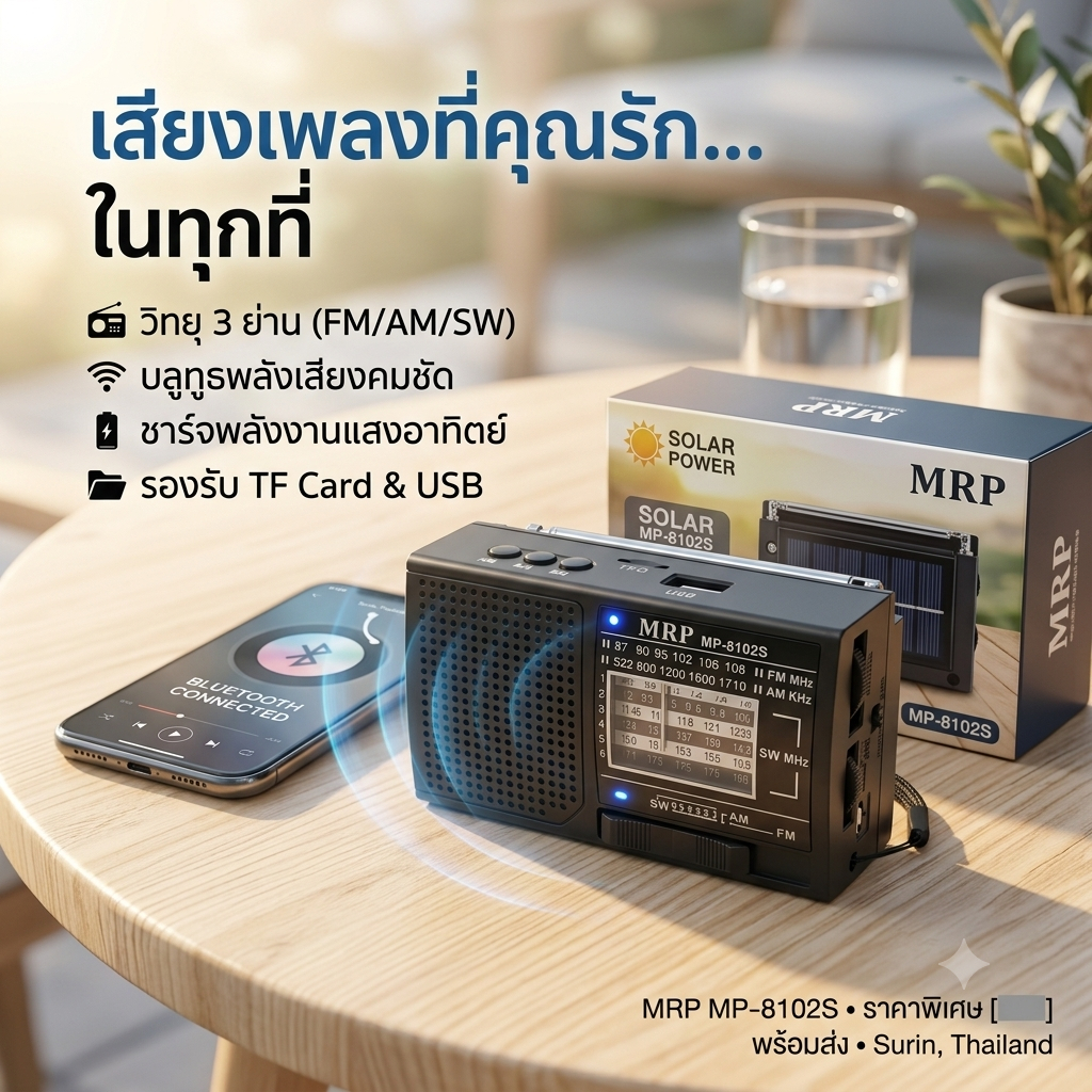 วิทยุ MRP รุ่น MP-8102S หมดห่วงเรื่องไฟฟ้า ใช้โซลาร์เซลล์ช่วยชาร์จไฟได้ ฟังเพลงเพลินๆ