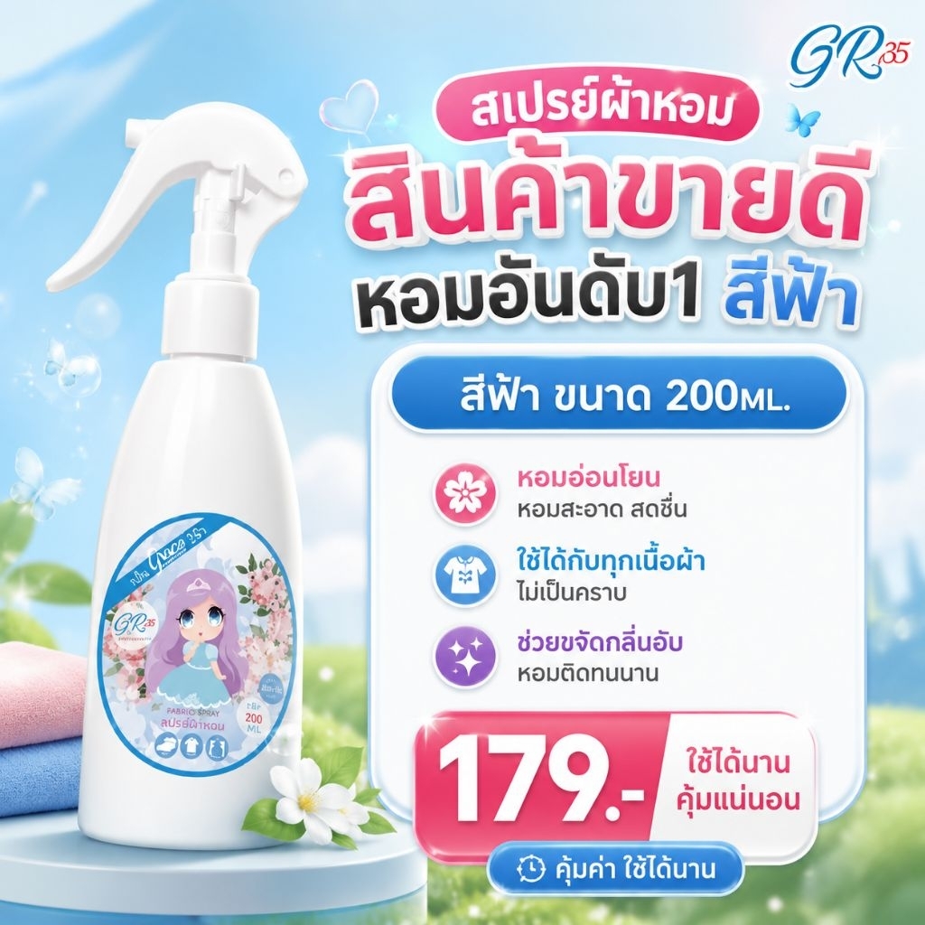(ราคาส่ง200ML.)*สีฟ้าTheBestขายดีสุดน้ำยาฉีดผ้าหอม-หอมนานติดทนGraceFabricSpray