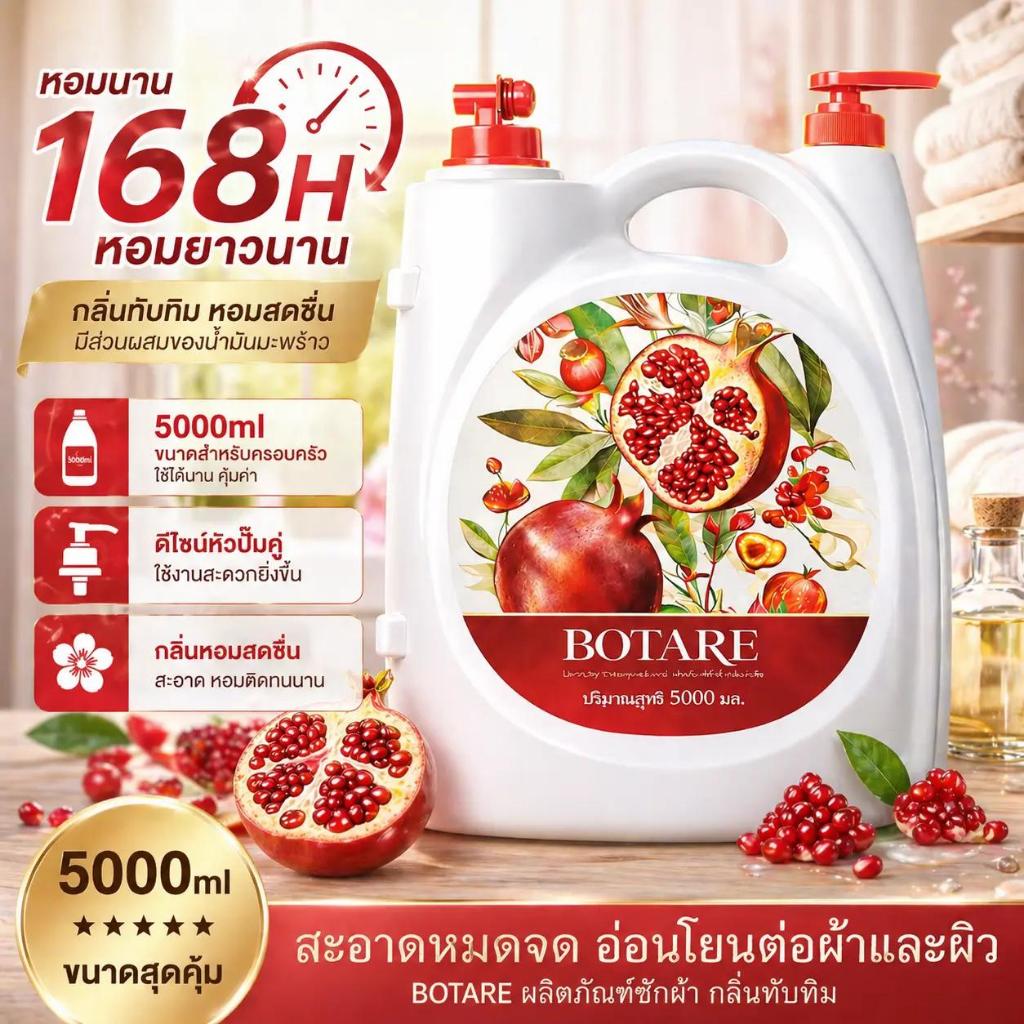 【5KG】Botare ผลิตภัณฑ์ซักผ้ากลิ่นทับทิม หอมยาวนาน ทำความสะอาดล้ำลึก 1ขวด 5000ml