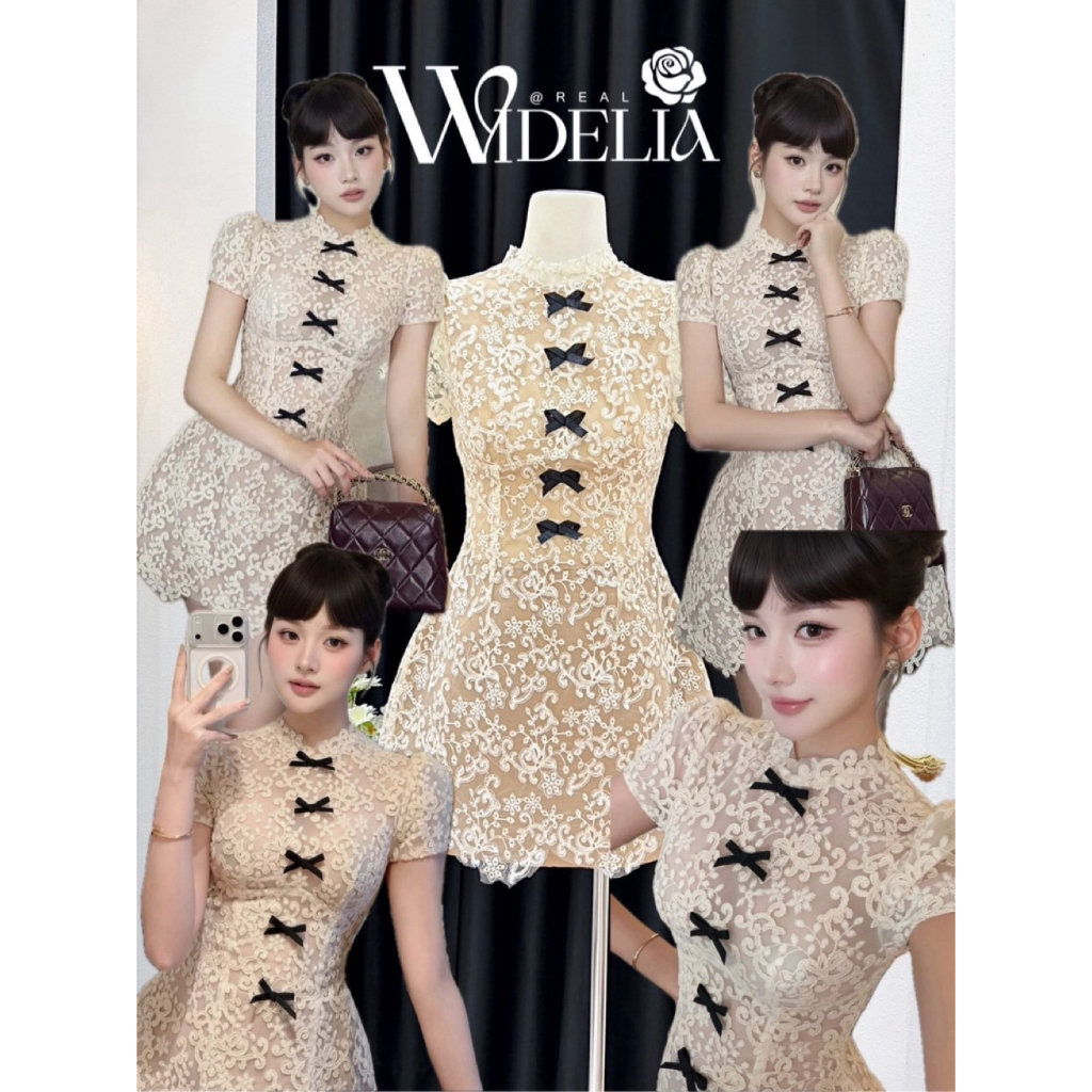 D8 งานป้าย Widelia Dress เดรสลูกไม้ซับในครีมแต่งโบว์ สำหรับผู้หญิง เสื้อผ้าแฟชั่นผู้หญิง ไซส์ Xs-S