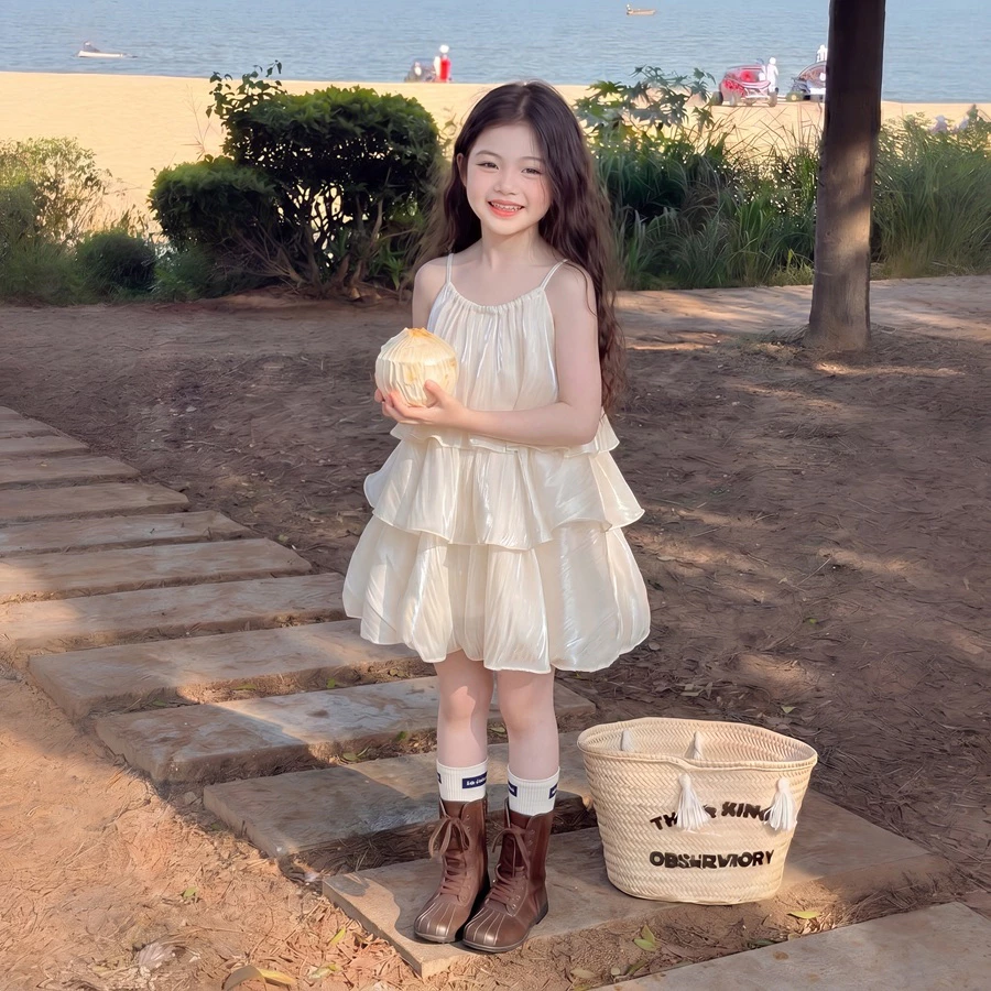 PRINCESS KESLI ชุดเดรสแขนกุด คอกลม แต่งระบาย แต่งระบาย หลายชั้น สีเบจ สไตล์เจ้าหญิง สําหรับเด็กผู้หญิง 2-9 ปี