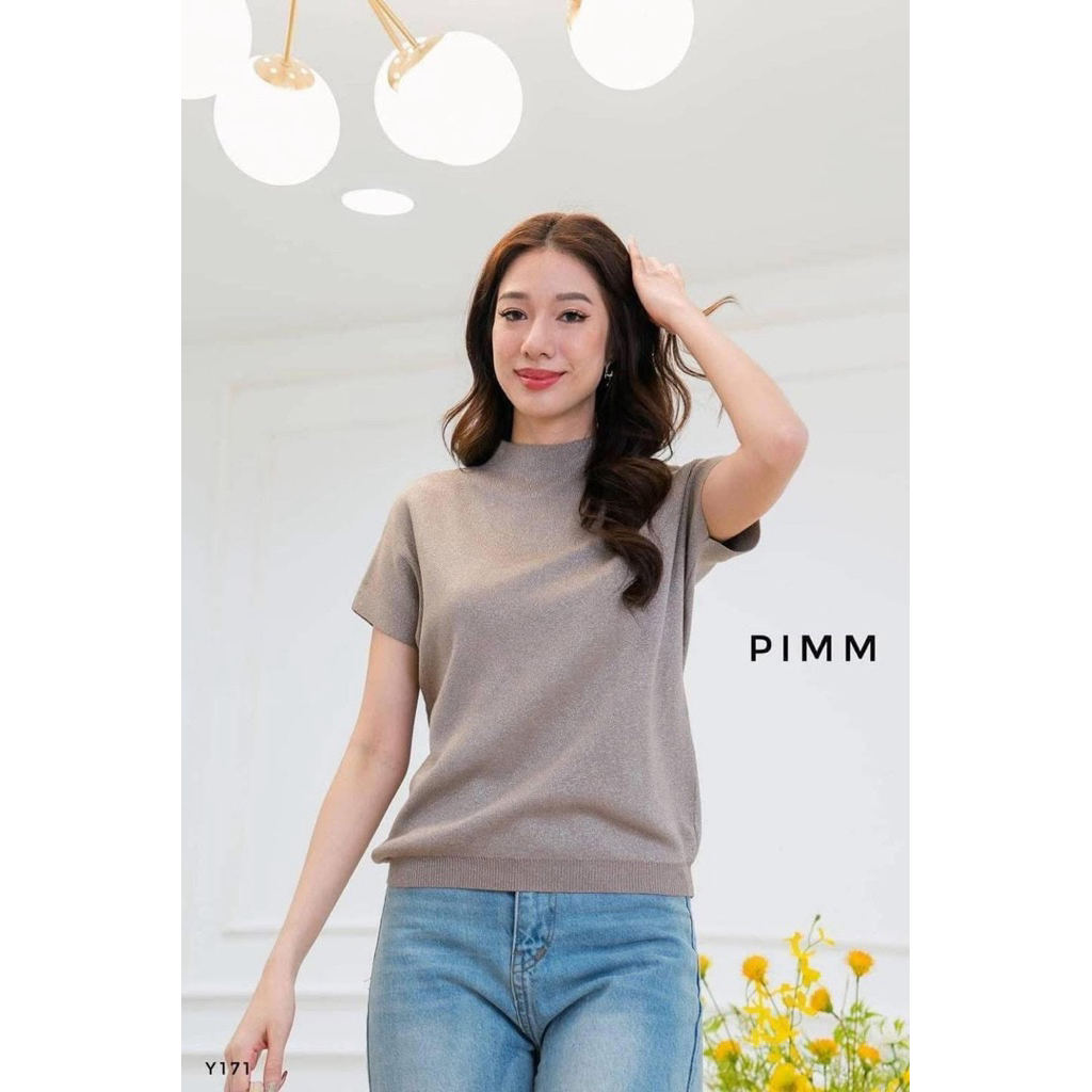 [ป้าย PIMM] เสื้อไหมพรมกลิตเตอร์ ทรงคอสูง แขนล้ำ