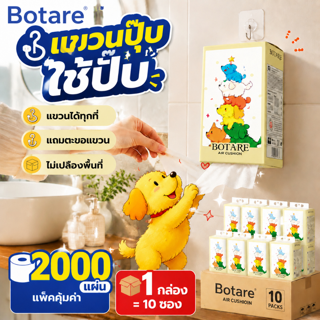 【10 ห่อ】【Botare】ทิชชู่แขวนผนัง โยนทิ้งไป คอมฟอร์ท 2000 แผ่น 4 ชั้น หนาพิเศษ