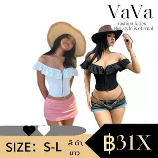 VaVa【ในสต็อก】เสื้อเชิ้ตสไตล์เกาหลีสุดเซ็กซี่ คอเหลี่ยม ผูกโบว์ระบาย